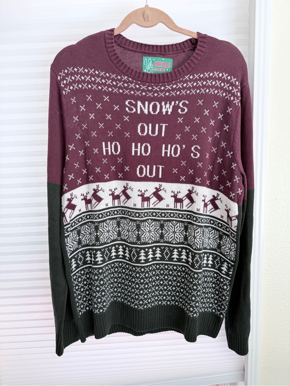 Men's Dark Red & Green Holiday Sweater - Snow's Out Ho Ho Ho's Out